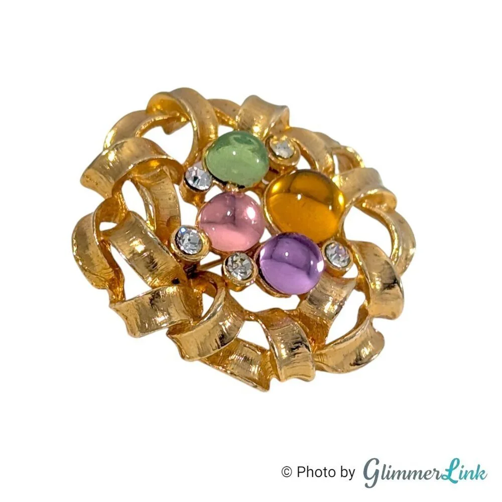 Vintage Pastel Cabochon Ribbon Brooch Gold Tone Multicolor Pin